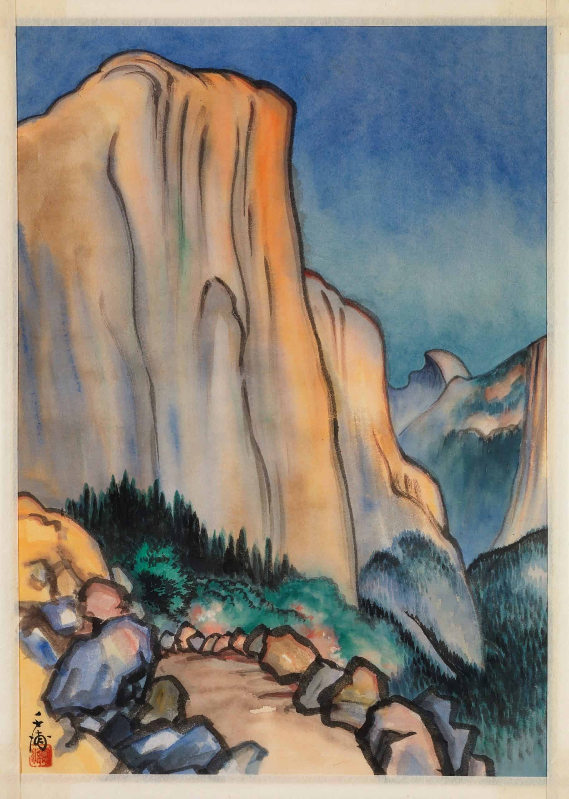 A woodcut of a tall rock cliff. Cliffs appear in the background. In the foreground a path lined with boulders veers left.