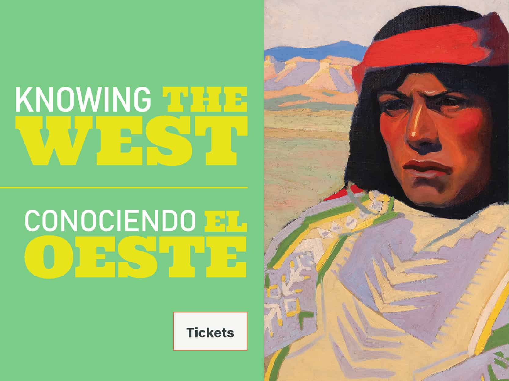 A painted, bust-length portrait of an American Indian wrapped in a patterned blanket within a landscape of colorful buttes.