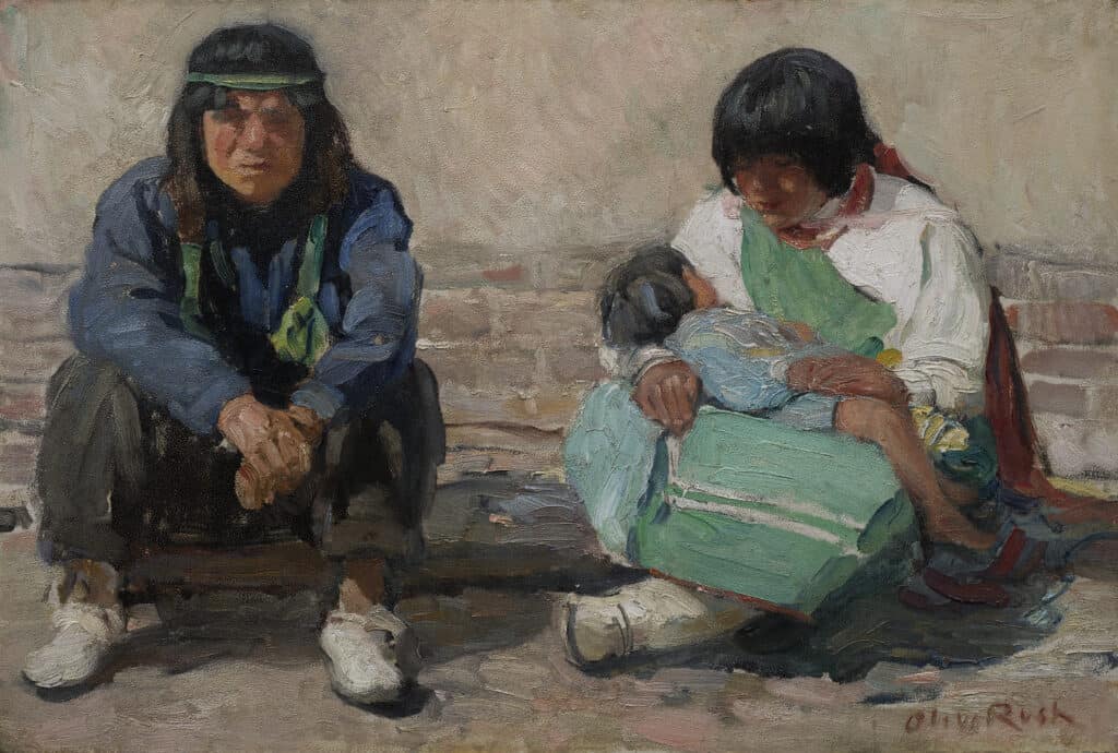 Oil painting of two figures with long, dark hair and medium skin tones seated on a curb in front of a brick and adobe wall. The figure on the right holds a medium-skin-toned child in their arms.