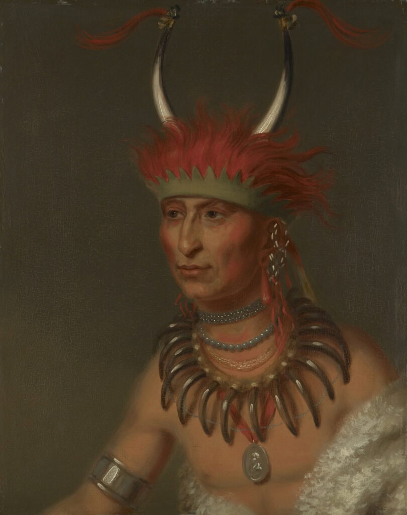 A painted bust-length portrait of a bare-chested American Indian wearing a bison-horn headdress, bear-claw necklace, and oval medal.