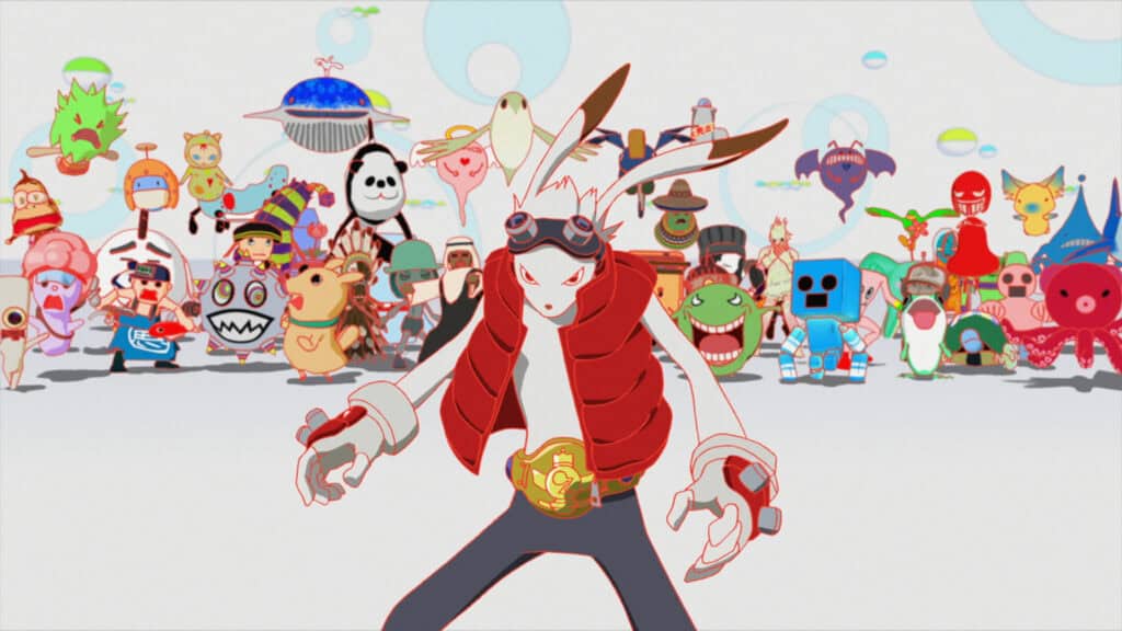 Illustration of a rabbit dressed in vest, gloves, and goggles who stands in front of a line of animal and alien characters.