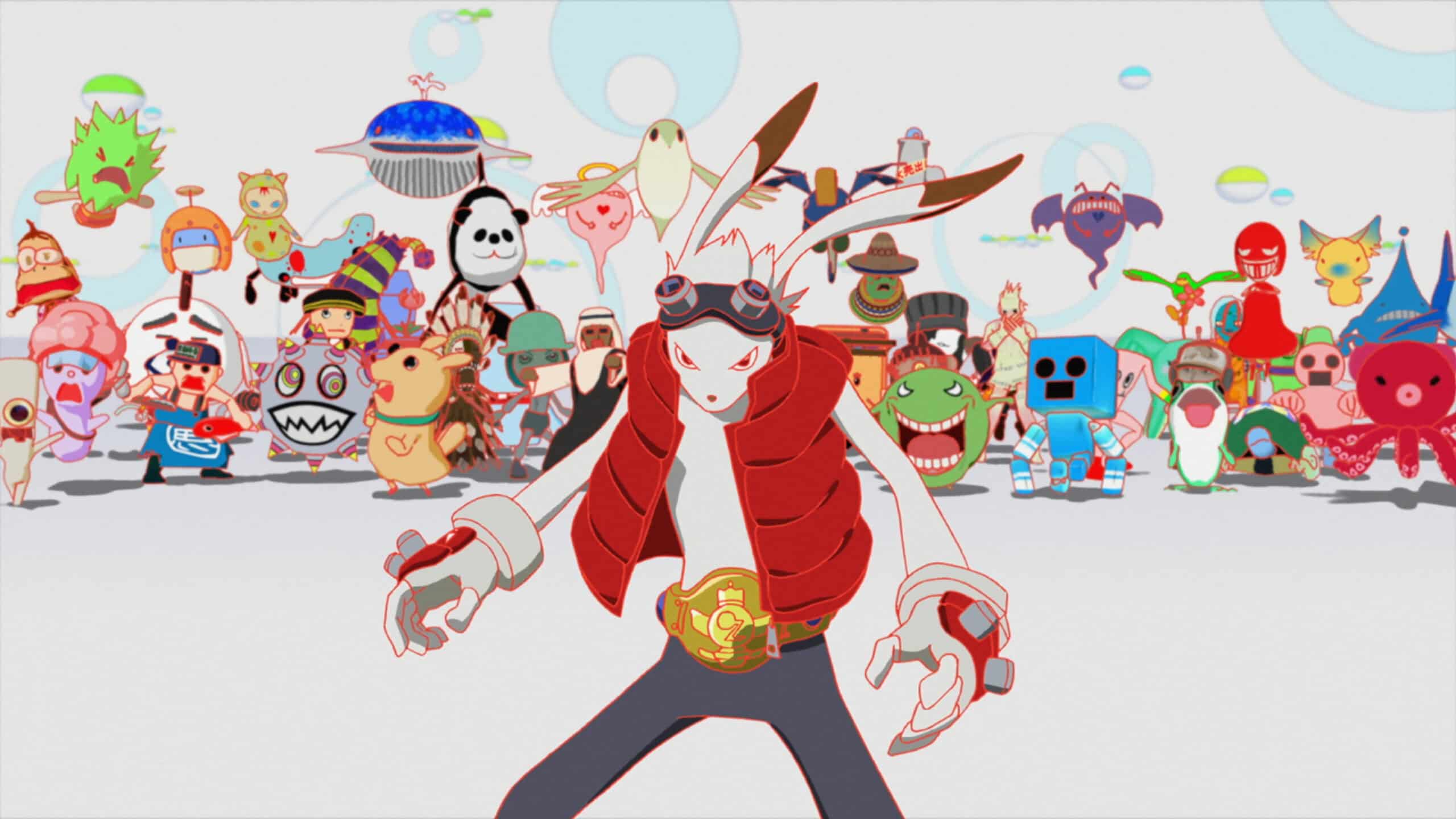 Illustration of a rabbit dressed in vest, gloves, and goggles who stands in front of a line of animal and alien characters.