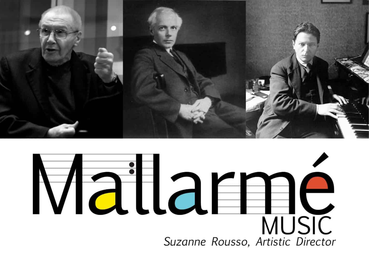 Collage of black-and-white photos of three men with the text Mallarmé Music, Suzanne Rousso, Artistic Director