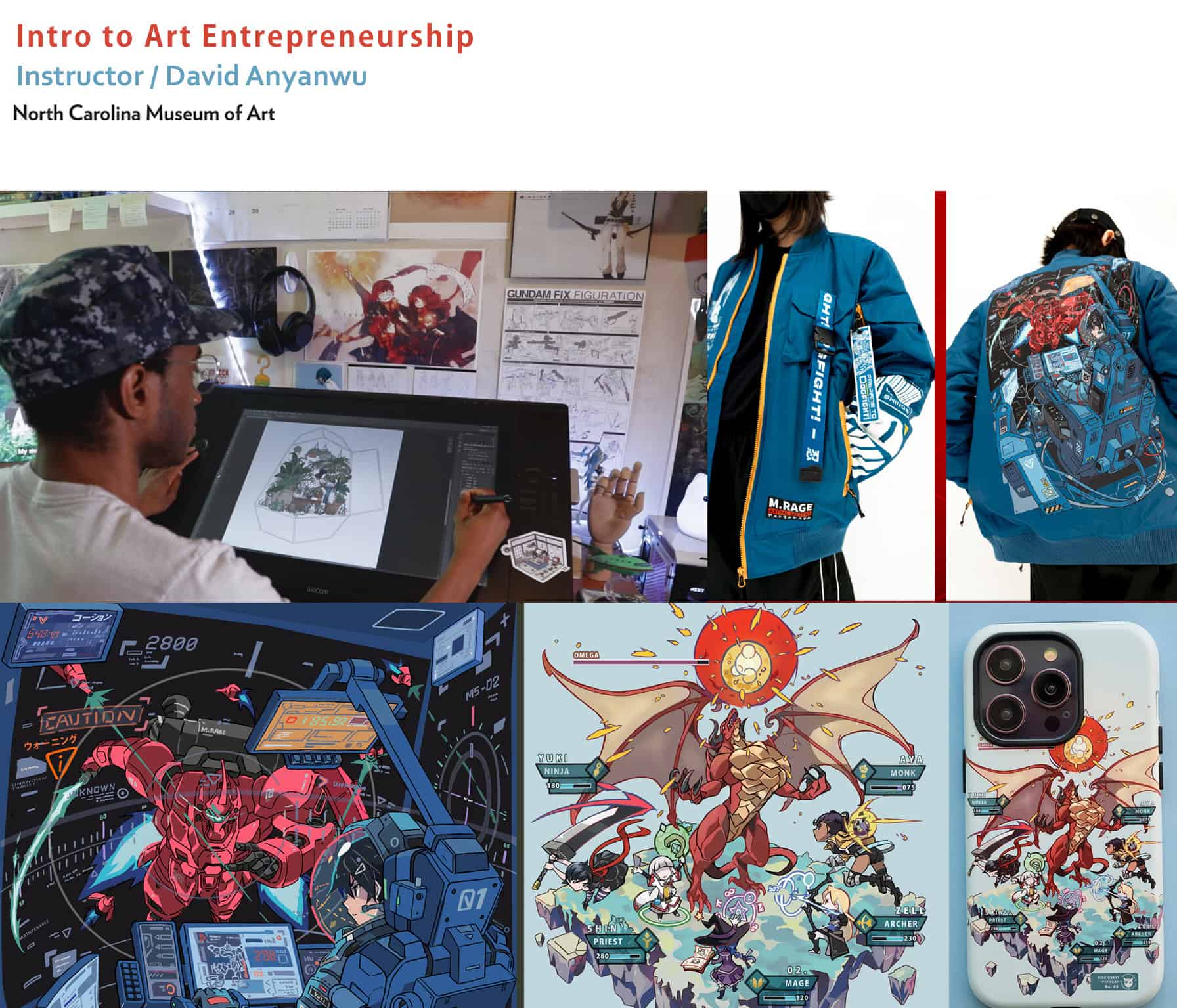 Collage of photos of David Anyanwu sketching, apparel he designed, and examples of Sallyhis artwork.