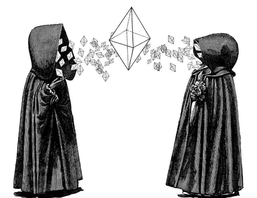 Black and white print of two robed figures with floating geometric prisms between them.