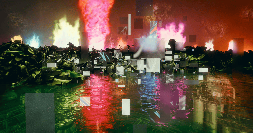 Video still of an urban/natural apocalyptic landscape at night with multicolored fire tornadoes swirling skyward, their colors reflected off the surface of a dark river in the foreground.