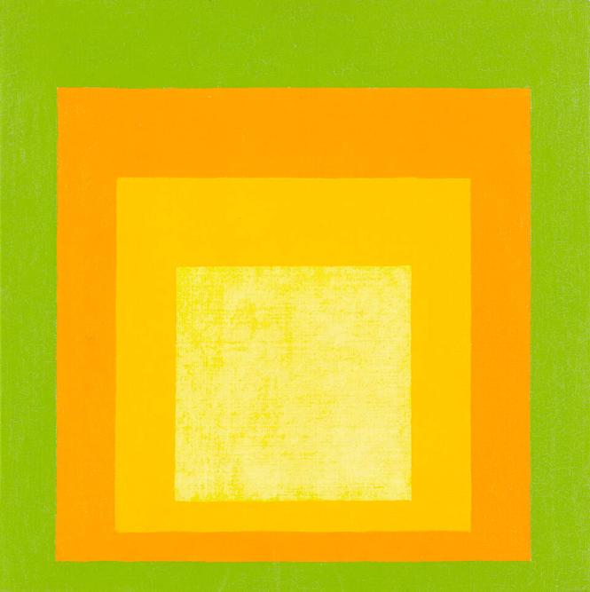 A pale-yellow square set off-center over three others, each framing the other; the outer two are a deeper yellow, while the outermost is bright green.