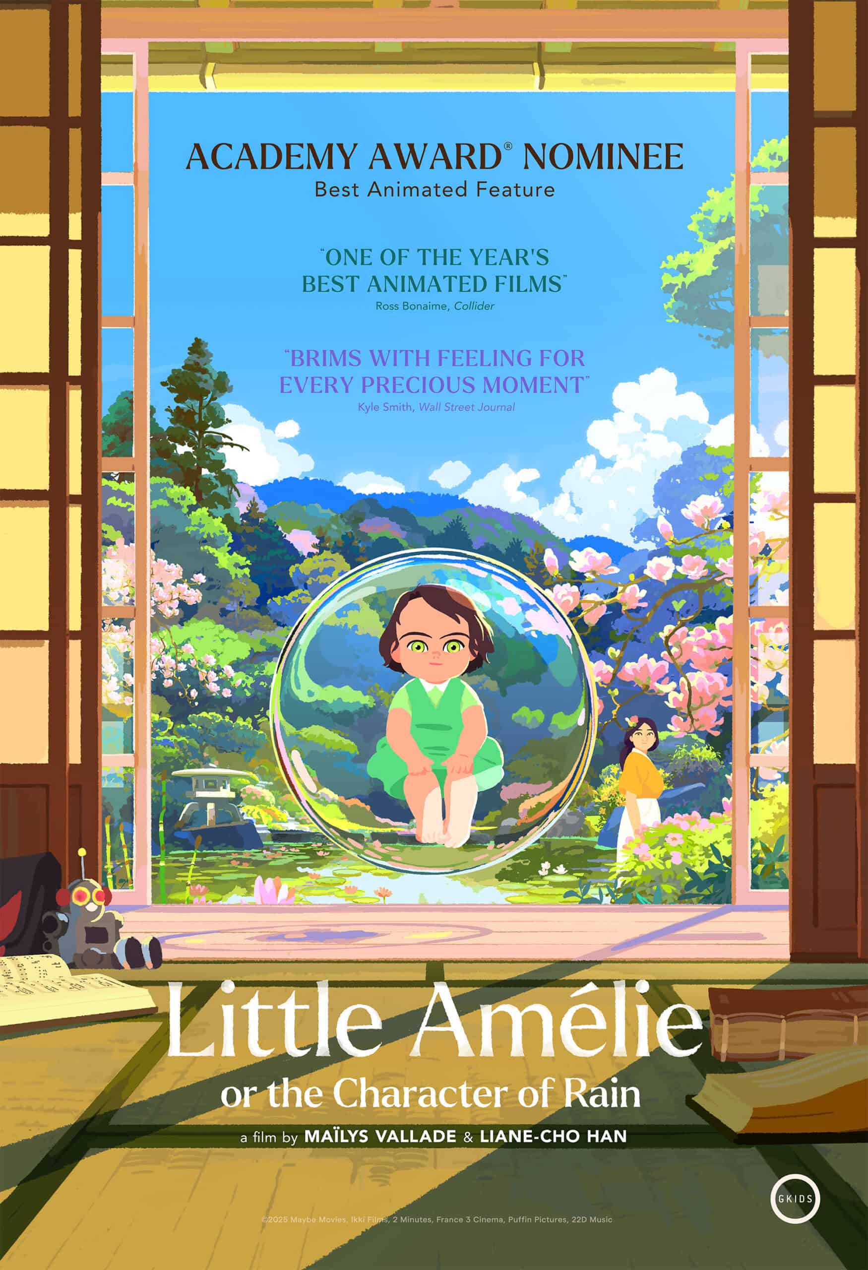 Movie poster of a young girl sitting inside a bubble that hovers in a doorway leading out to a landscape with cherry blossoms.