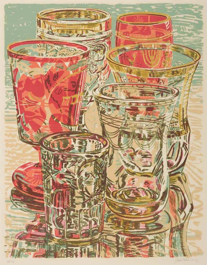 Lithograph featuring five glasses, three of them stemmed, on a reflective surface.
