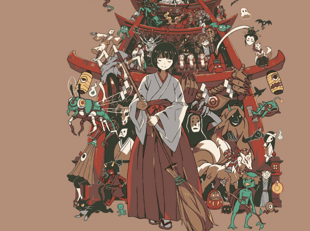 Illustration of a woman sweeping with a broom in front of a red, East Asian-style gate full of fantastical creatures.