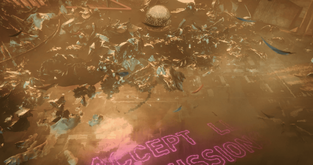 Abstract still of layered dark brown filmy images with an illuminated hole; below is a watery sign in pink neon that partially reads “ACCEPT.”