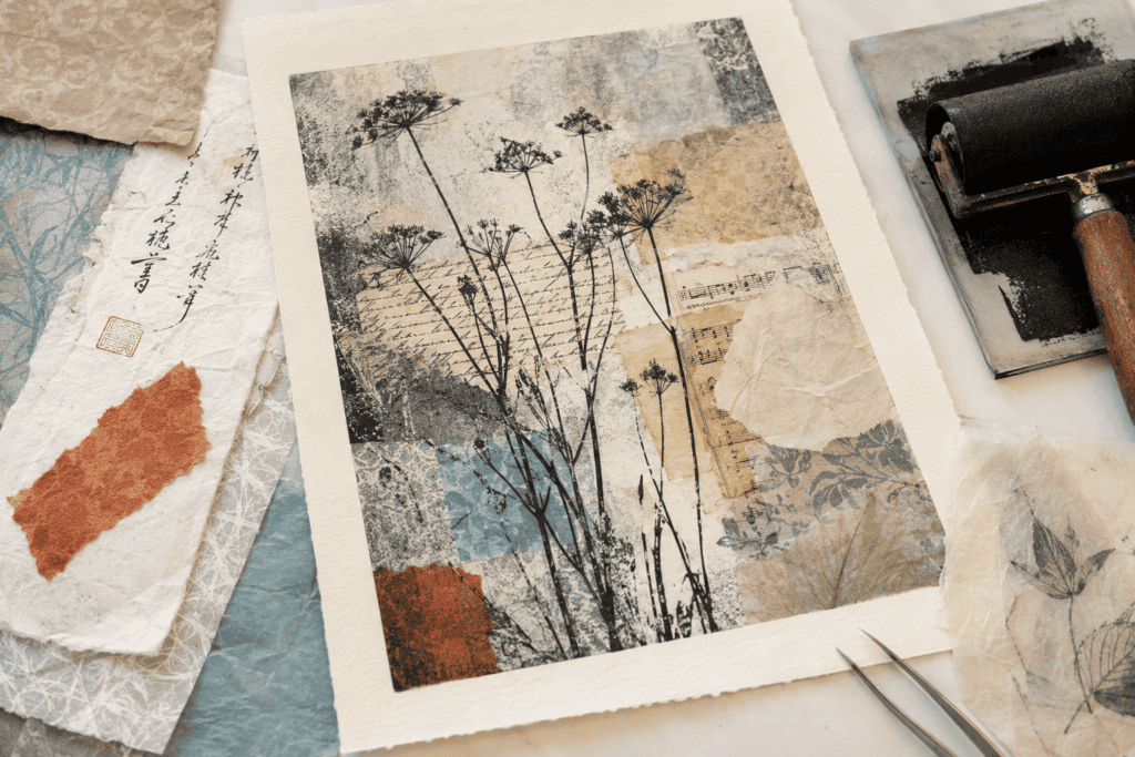 Collaged artwork, sheets of handmade paper, an inked roller, and a tweezers on a table.