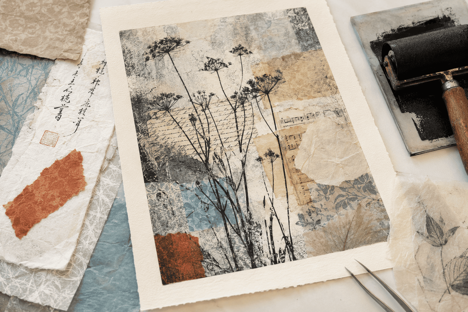 Collaged artwork, sheets of handmade paper, an inked roller, and a tweezers on a table.