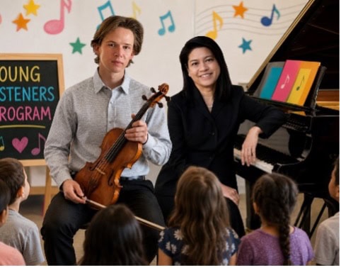 A seated man holding a violin and a woman seated at a piano appear in a classroom setting with a group of children.