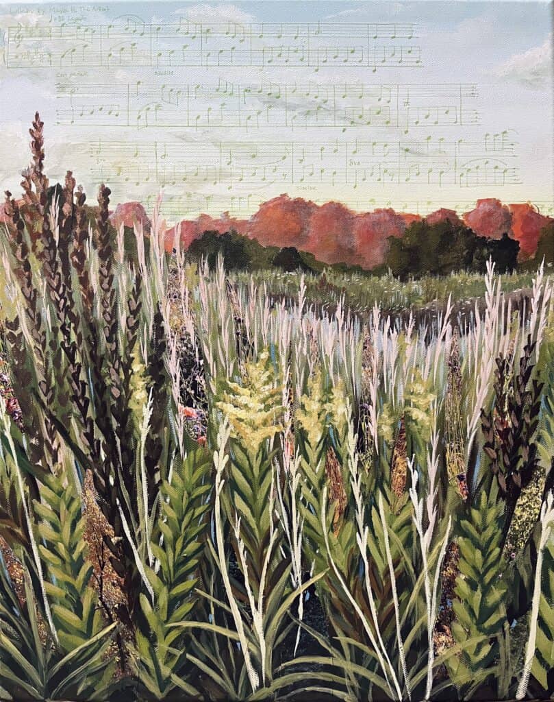Painting of a landscape with music notation in the sky.