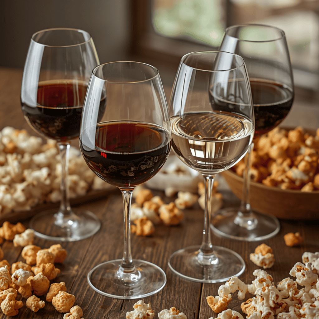 Photograph shows four stemmed wine glasses—three filled with red wine and one with white wine—arranged on a wooden table. Popcorn bowls and scattered kernels surround glasses.
