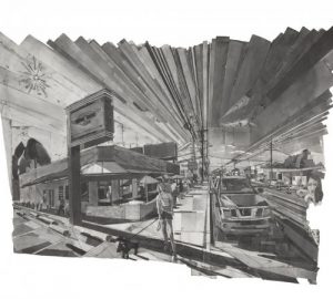 Mark Lewis, Peoria Avenue #7, 2011, graphite and paper collage, 60 x 84 in., The University of Tulsa Collection
