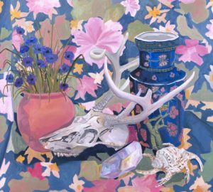 Anna Valdez, Deer Skull with Blue Vase, 2017, oil on canvas, 42 x 40 in., Courtesy of the artist and Hashimoto Contemporary, San Francisco
